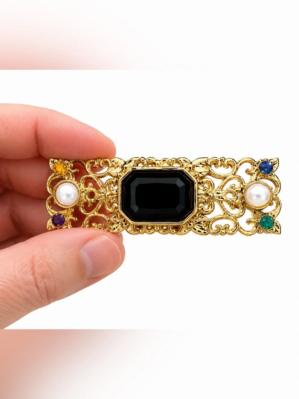 Vintage Gold Tone Filigree Brooch with Faceted Black Stone &‎ Rhinestone Accents